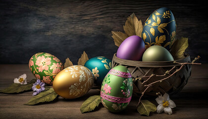 Happy Easter festival day with colorful eggs, row of traditional Easter eggs, minimal style, spring holiday, decorations design with Generative Ai.