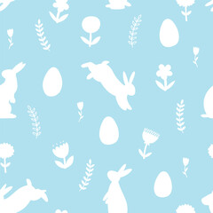 Hand drawn Easter seamless pattern with bunnies, flowers and easter eggs. vector background with silhouettes of animals and plants for wrapping paper, banner, card, textile, print