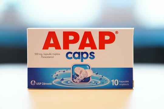 Apap Caps brand paracetamol pain killers in a box
