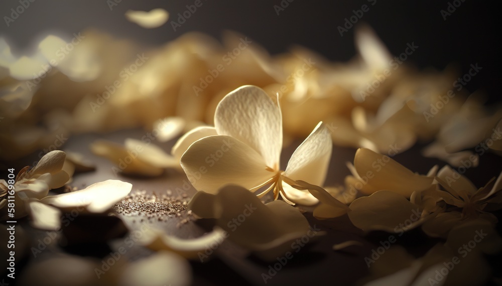 Aufkleber a bunch of flowers that are laying on a table with some petals on top of it and a butterfly flying o