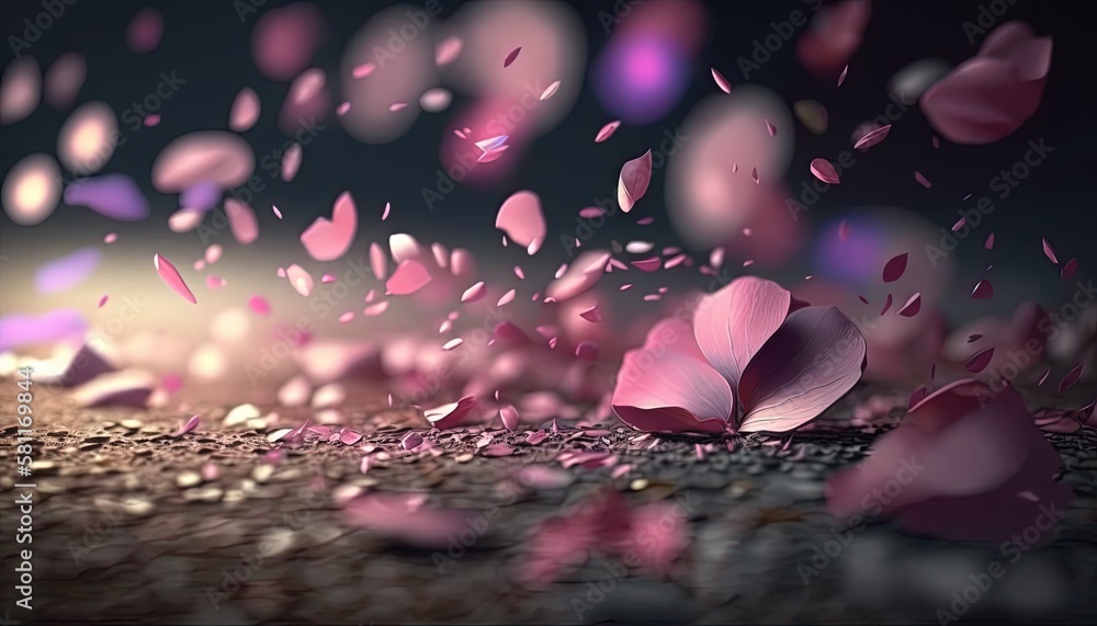 Poster a bunch of pink petals floating on top of a floor next to a wall with a light in the middle of the f