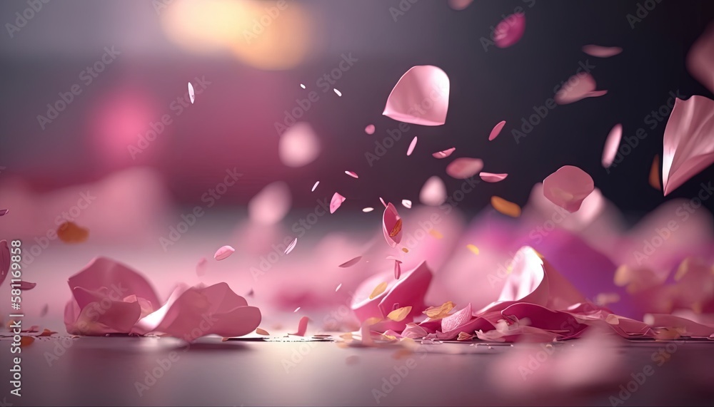 Poster a bunch of pink petals on a table with a blurry image of the petals on the table and the petals on t