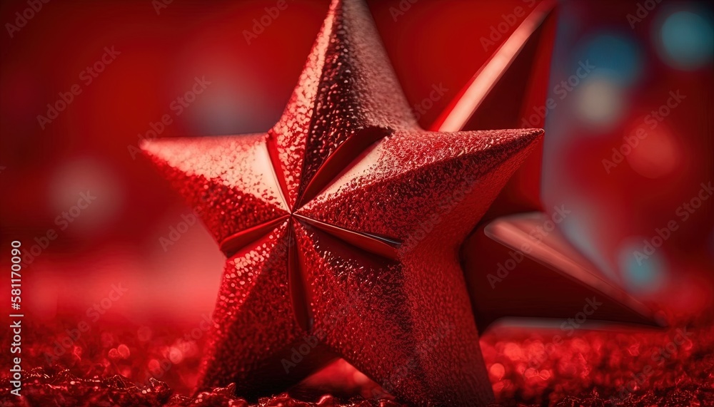 Poster a shiny red star on a red carpet with a blurry back ground and a red light in the background with a 