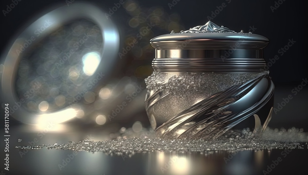 Poster a silver jar with a ring on top of it next to a pile of silver glitter on a table with a mirror in t