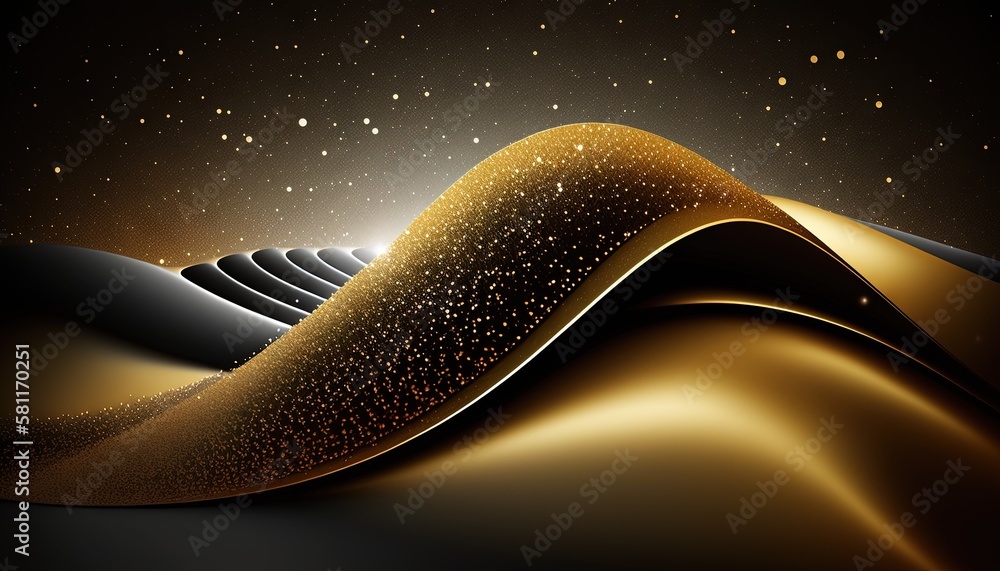 Poster an abstract gold background with stars and a wave of gold on a black background with a gold dust pat