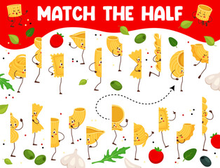 Match the half of cartoon italian pasta characters kids game vector worksheet. Matching puzzle quiz of funny macaroni and noodle food personages. Find correct pair of fusilli, farfalle and ravioli