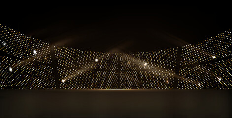 Golden stadium lights with rays, on a dark background. © raz234