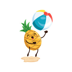 Cartoon fresh pineapple fruit playing with ball on beach during vacation sparetime. Isolated vector tropical fruit enjoying outdoor activities at coastal resort. Healthy vitamin food on sea holidays