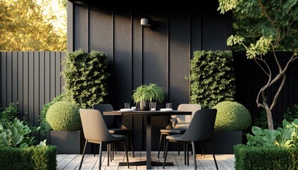 Fototapeta premium Modern black wooden terrace the perfect place for breakfast