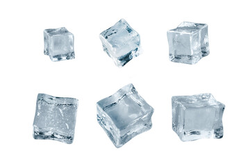 Set of six different ice cube faces. Macro shot of ice cubes. Clipping path. isolated on transparent