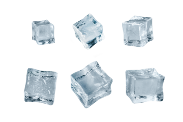 Set of six different ice cube faces. Macro shot of ice cubes. Clipping path. isolated on transparent