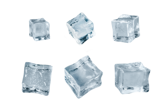 Set of six different ice cube faces. Macro shot of ice cubes. Clipping path. isolated on transparent