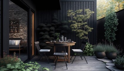 Fototapeta na wymiar Modern black wooden terrace the perfect place for breakfast