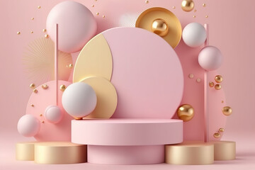 3D background, podium display, natural, pink banner backdrop with light and shadow, product promotion beauty cosmetic