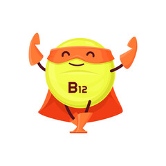Cartoon vitamin B12 superhero character. Isolated vector cyanocobalamin comics book personage in super hero mask and cape. Food supplement defender ball on guard of health. Chemical balance element