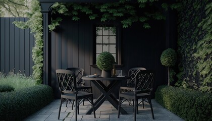 Obraz na płótnie Canvas Modern black wooden terrace the perfect place for breakfast