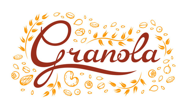 Granola vector icon or emblem with cereal muesli and inscription font, line spikelets, grains, cashews, almonds, sunflower seeds, sesame, oatmeal, dried berries. Isolated label for healthy plant food