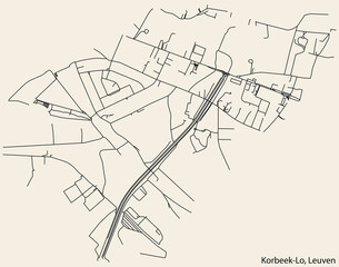 Detailed hand-drawn navigational urban street roads map of the KORBEEK-LO BOROUGH of the Belgian city of LEUVEN, Belgium with vivid road lines and name tag on solid background