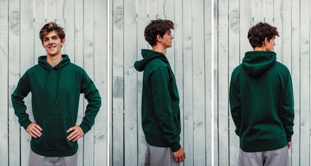 Collage of photos with handsome young guy wearing green (watercolor) blank hoodie or sweatshirt with space for your logo or design. Mockup for print