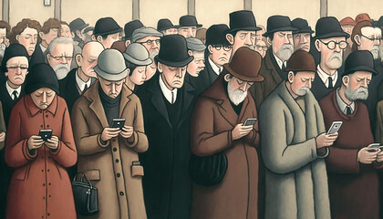 Large crowd of commuters looking at their phones, comic naïve illustration style.  Generative AI - obrazy, fototapety, plakaty