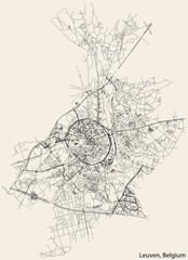 Detailed hand-drawn navigational urban street roads map of the Belgian city of LEUVEN, BELGIUM with solid road lines and name tag on vintage background