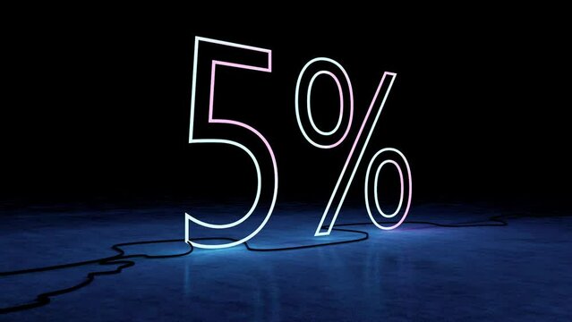 Descuento y promoci&oacute;n en la venta. N&uacute;mero 5% en forma de luz de neon. Plantilla para productos, publicidad, banners web.