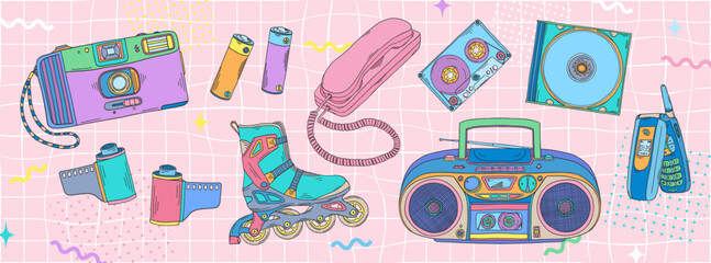 2000s doodles set. Y2k doodle. 90s, 2000s, Y2k vector. Photo camera, film and batteries, roller skates, mobile phone. Boombox, audio cassette, cd disk. Nostalgia for the 90s.