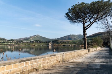 Beautiful natural scenery of Averno Lake in Pozzuoli, Campania, Italy
