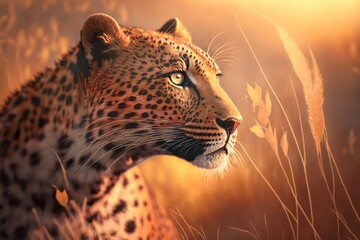 Portrait of a leopard in savannah. Generative AI.