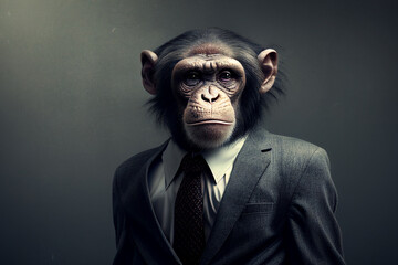 a monkey in a black business suit,young businessman, portrait of a monkey in a boss suit, Generative AI
