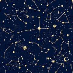 Constellation pattern. Vector celestial seamless background dark sky with golden stars, meteors, moon and planets. Zodiac figures, heavenly bodies and astronomical objects in far galaxy or Universe © Buch&Bee