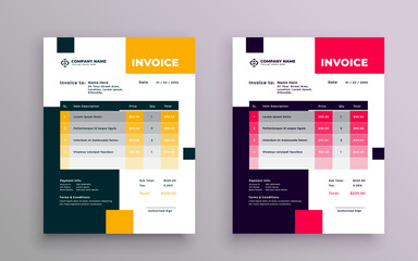 Professional corporate business invoice design in yellow and pink color with geometric shapes. 