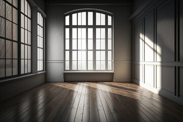 Classical empty room interior ,The rooms have wooden floors and gray walls. AI Generative