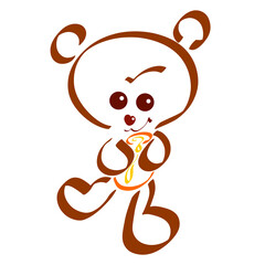 cute little brown bear walks with a jug of honey in its paws, colorful sketch on a white background