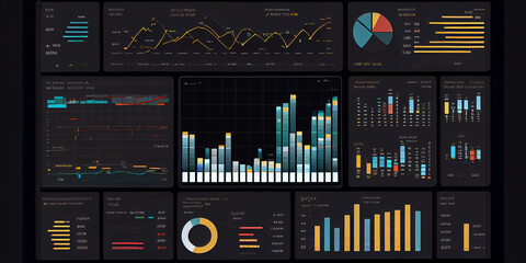 Dashboard, screen, monitor with graphs, charts and statistical data. Abstract illustration.