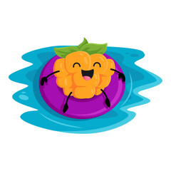 Cartoon cloudberry berry character on summer vacation float on inflatable ring in sea or pool. Fresh vector personage engaging in outdoor seaside activities and relaxation at resort on holidays