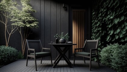Fototapeta premium Modern black wooden terrace the perfect place for breakfast