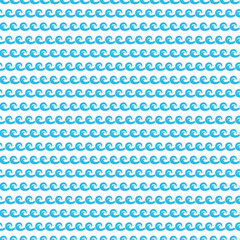 Sea and ocean surf waves seamless pattern with curly blue ripples, vector background. Water wave curves and tidal curls of flowing aqua, marine swirls and nautical surf waves pattern background