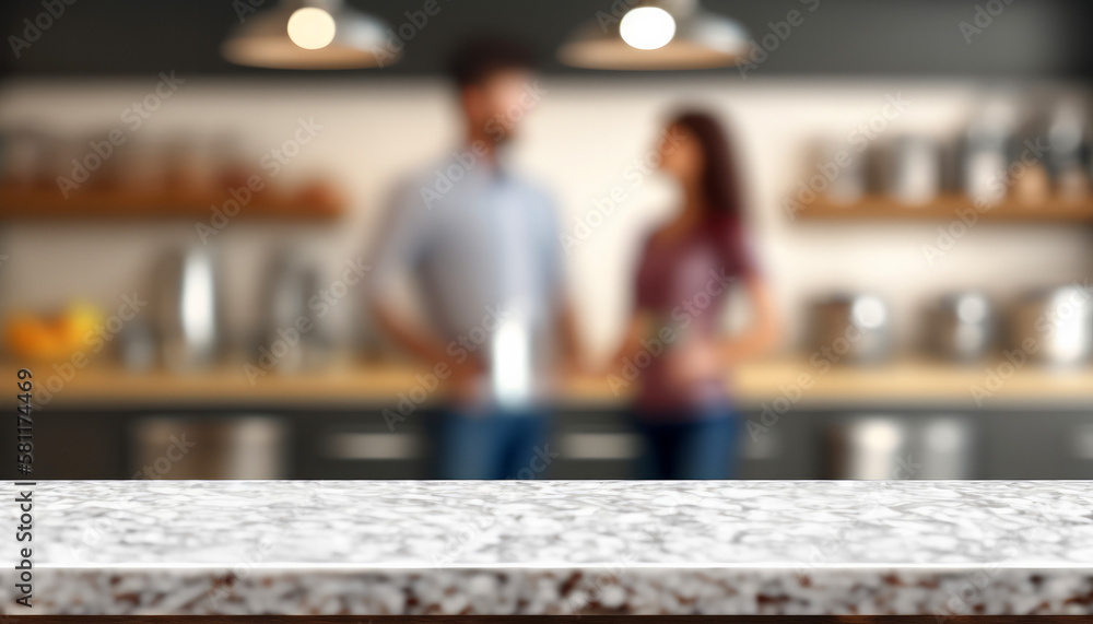 Poster an empty kitchen counter worktop for product display. blurred people in the background. generative a