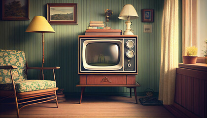 Old fashioned vintage retro design room with retro tv. Abstract illustration. - obrazy, fototapety, plakaty