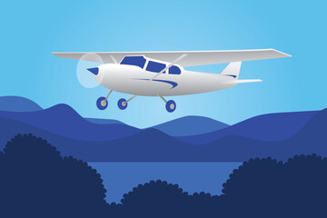 cessna plane flying above clouds cartoon design vector flat illustration