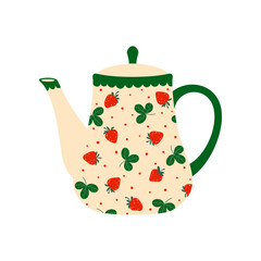 Tea pot isolated porcelain kettle with hot drink, cartoon teapot with strawberry print. Vector coffeepot with cap, kitchenware utensil