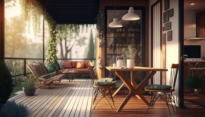 Fototapeta na wymiar Modern wooden terrace the perfect place for breakfast