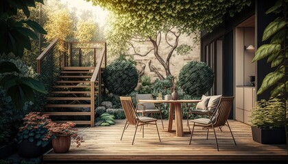 Obraz premium Modern wooden terrace the perfect place for breakfast