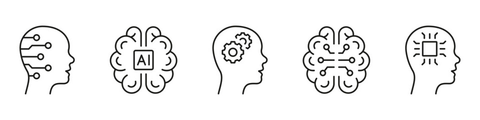 Intelligent Technology Linear Pictogram. Digital Science and Human Head Black Line Icon Set. Brainstorm, Cyber Education Symbol on White Background. Editable Stroke. Isolated Vector Illustration