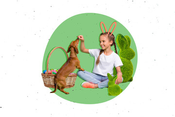 Creative collage picture of cheerful little girl play feed puppy dog easter food basket fluffy bunny toy isolated on painted background