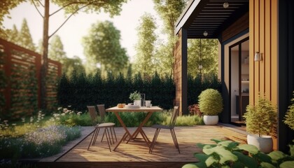 Obraz premium Modern wooden terrace the perfect place for breakfast