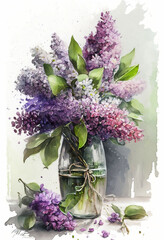 Bouquet of lilacs on a white background, painting, watercolor card. Spring greeting card. Generative AI 