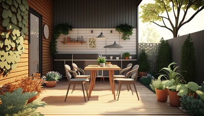 Fototapeta premium Modern wooden terrace the perfect place for breakfast
