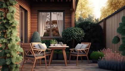 Fototapeta na wymiar Modern wooden terrace the perfect place for breakfast